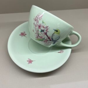 Conjunto Xícara + Pires Verde Com Pássaro