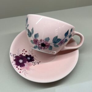 Conjunto Xícara + Pires Rosa Com Flores