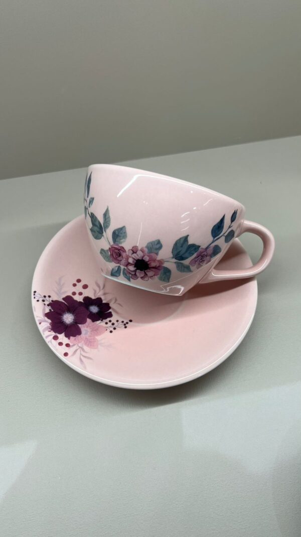 Conjunto Xícara + Pires Rosa Com Flores