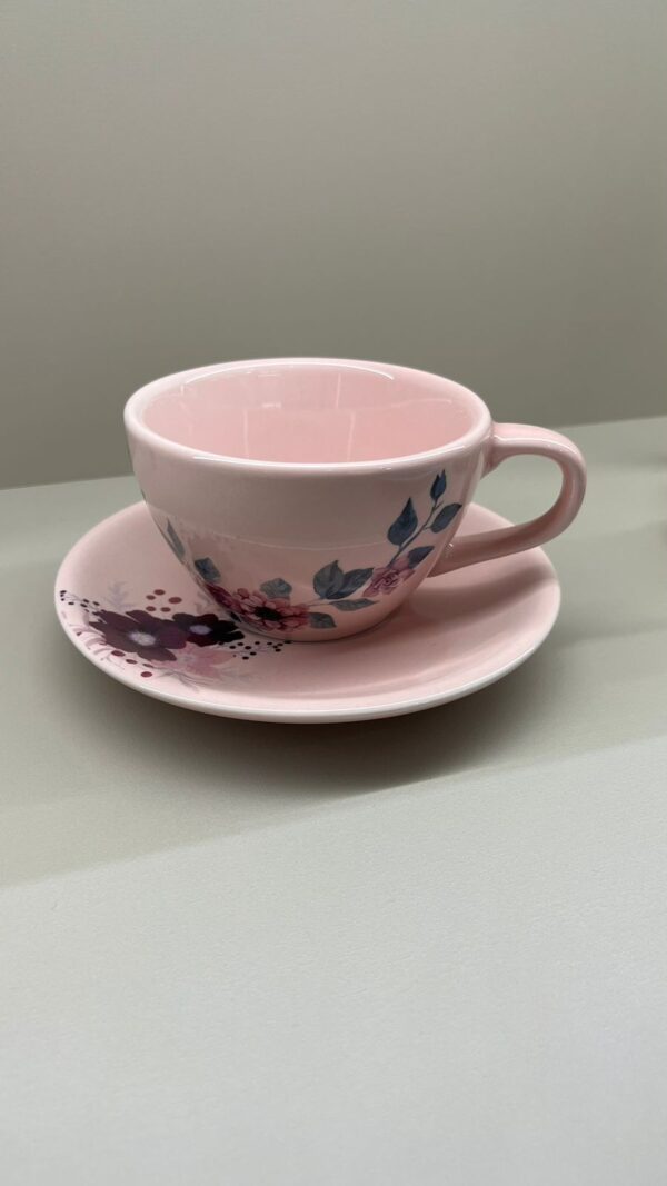 Conjunto Xícara + Pires Rosa Com Flores - Imagem 2