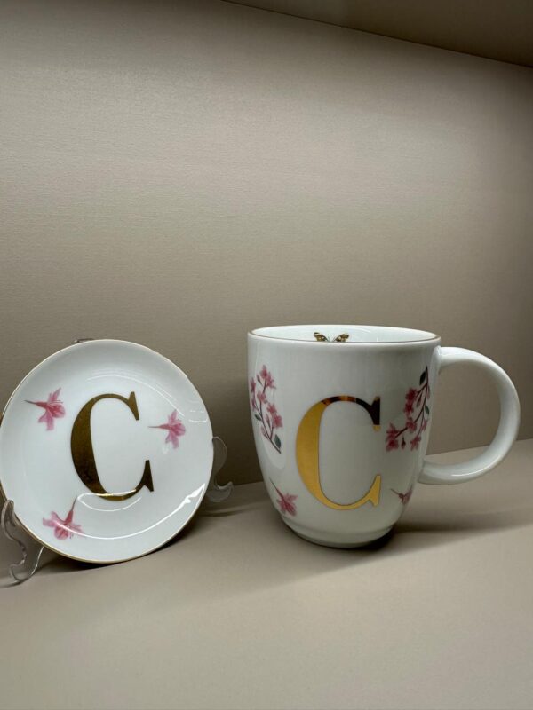 Caneca Com Pratinho Inicial Flores Rosa - Imagem 2