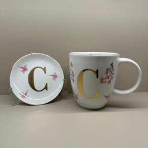 Caneca Com Pratinho Inicial Flores Rosa