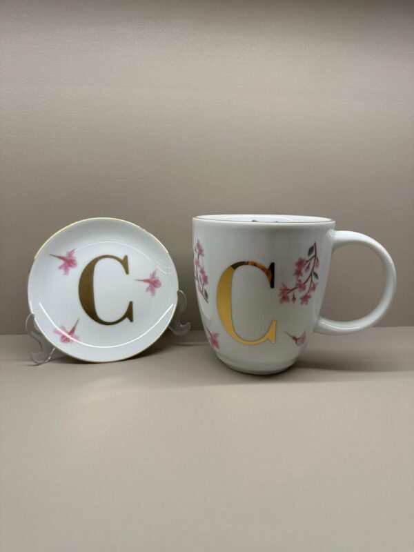 Caneca Com Pratinho Inicial Flores Rosa